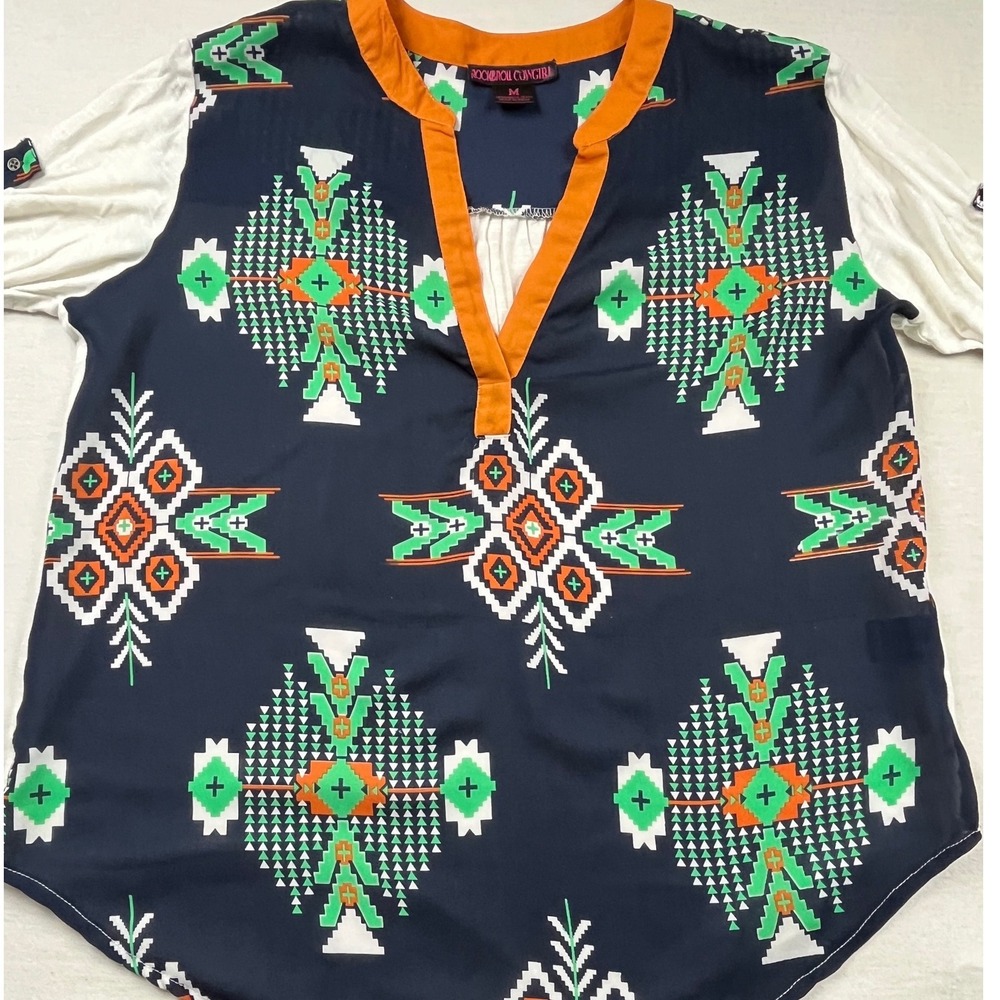 Rock and Roll Cowgirl Womens Southwest Print V-Neck Roll Tab Sleeve Top Navy M